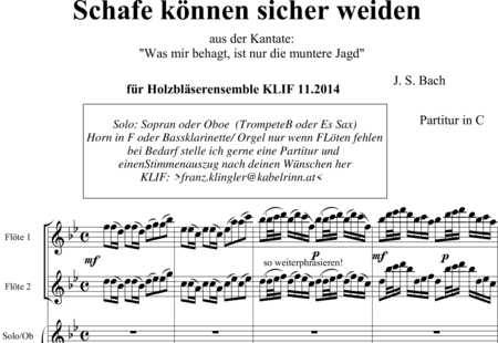 Bach, Johann Sebastian: Schafe können sicher weiden - Solo>sop+[Fl2+Ob+ClB2+Bn]+HnF+Org+Db:0