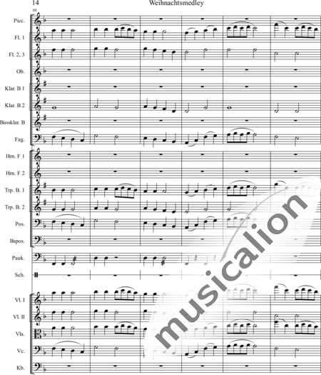 Mücher, Alwin: Weihnachtsmedley - Violine 2+[Fl4+Ob2+KlarB3+Fg2]+[HnF2+Pos2+TrpB2]+[Pk+Px]+[Vl+Vla+Vc+Kb]:14
