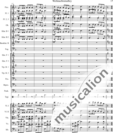 Mücher, Alwin: Weihnachtsmedley - Violine 2+[Fl4+Ob2+KlarB3+Fg2]+[HnF2+Pos2+TrpB2]+[Pk+Px]+[Vl+Vla+Vc+Kb]:17