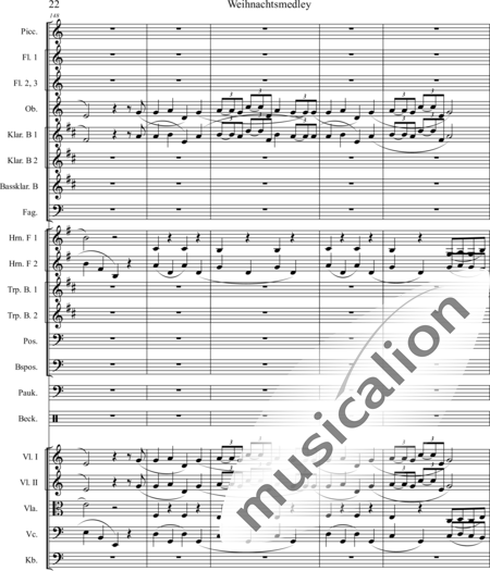 Mücher, Alwin: Weihnachtsmedley - Violine 2+[Fl4+Ob2+KlarB3+Fg2]+[HnF2+Pos2+TrpB2]+[Pk+Px]+[Vl+Vla+Vc+Kb]:22