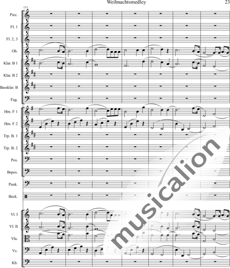 Mücher, Alwin: Weihnachtsmedley - Violine 2+[Fl4+Ob2+KlarB3+Fg2]+[HnF2+Pos2+TrpB2]+[Pk+Px]+[Vl+Vla+Vc+Kb]:23