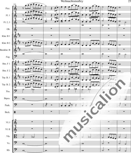 Mücher, Alwin: Weihnachtsmedley - Violine 2+[Fl4+Ob2+KlarB3+Fg2]+[HnF2+Pos2+TrpB2]+[Pk+Px]+[Vl+Vla+Vc+Kb]:25