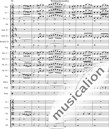 Mücher, Alwin: Weihnachtsmedley - Violine 2+[Fl4+Ob2+KlarB3+Fg2]+[HnF2+Pos2+TrpB2]+[Pk+Px]+[Vl+Vla+Vc+Kb]:26