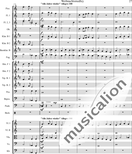 Mücher, Alwin: Weihnachtsmedley - Violine 2+[Fl4+Ob2+KlarB3+Fg2]+[HnF2+Pos2+TrpB2]+[Pk+Px]+[Vl+Vla+Vc+Kb]:27