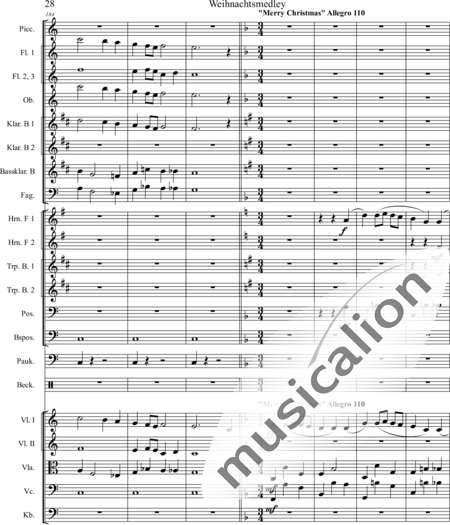 Mücher, Alwin: Weihnachtsmedley - Violine 2+[Fl4+Ob2+KlarB3+Fg2]+[HnF2+Pos2+TrpB2]+[Pk+Px]+[Vl+Vla+Vc+Kb]:28