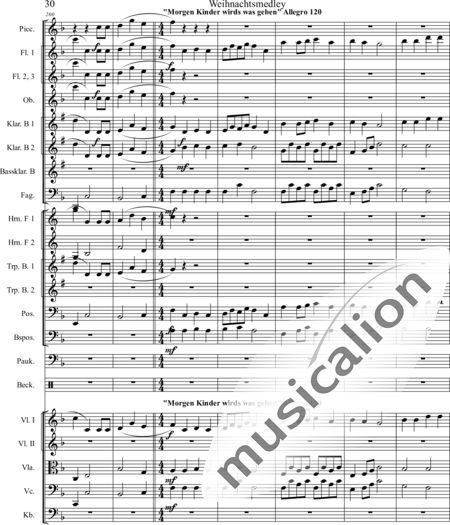 Mücher, Alwin: Weihnachtsmedley - Violine 2+[Fl4+Ob2+KlarB3+Fg2]+[HnF2+Pos2+TrpB2]+[Pk+Px]+[Vl+Vla+Vc+Kb]:30