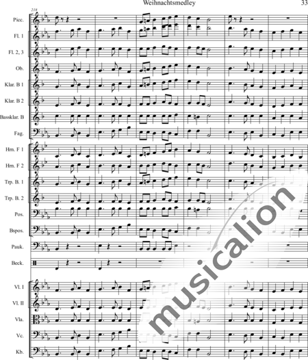 Mücher, Alwin: Weihnachtsmedley - Violine 2+[Fl4+Ob2+KlarB3+Fg2]+[HnF2+Pos2+TrpB2]+[Pk+Px]+[Vl+Vla+Vc+Kb]:33