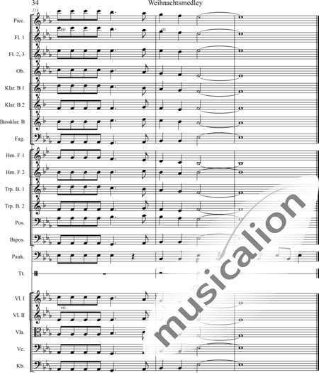 Mücher, Alwin: Weihnachtsmedley - Violine 2+[Fl4+Ob2+KlarB3+Fg2]+[HnF2+Pos2+TrpB2]+[Pk+Px]+[Vl+Vla+Vc+Kb]:34