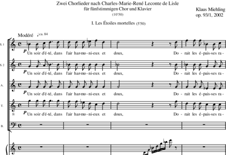Miehling, Klaus: Choral songs (2) after Charles-Marie-René Leconte de Lisle - Choir>SSATB+Piano:0
