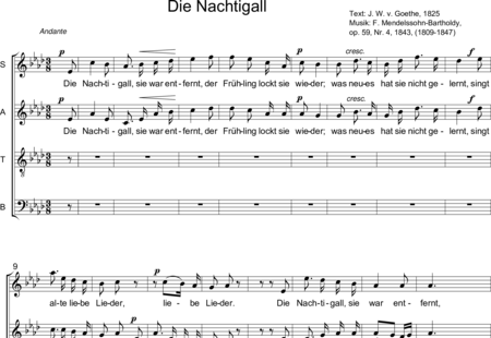 Mendelssohn Bartholdy, Felix: Die Nachtigall ("Die Nachtigall, sie war entfernt") - Chor>SATB:0