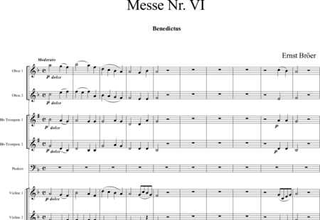 Bröer, Ernst: Messe Nr. VI: Benedictus - Chor>SATB+Ob2+TrpB2+Pk+Org+[Vl2+Vla+Kb]:0