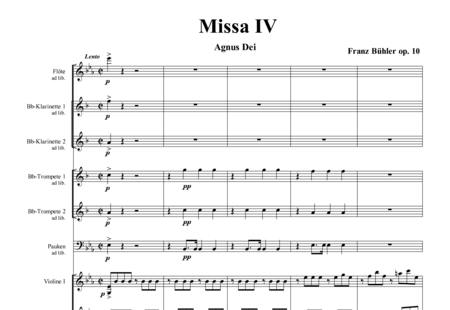 Bühler, Franz
: Mass No. IV: Agnus Dei - Solo>sop/alto/Ten/bajo+Coro>SATB+[Fl+Clar2]+Trp2+Tp+Org+[Vl2+Vla+Cb]:0