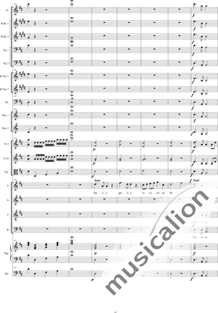 Bühler, Franz: Missa Pastoritia: Gloria - Solo>Sop/Alt/Ten/Bass+Chor>SATB+[Fl+KlarB2+Fg2]+[Hn2+TrpB2]+Pk+Org+[Vl2+Vla+Kb]:14