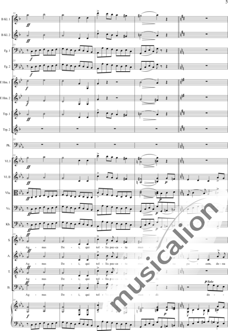 Brosig, Moritz: Dritte Messe: Agnus Dei - Solo>Sop/Alt/Ten/Bass+Chor>SATB+Horn F+[KlarB2+Fg2]+[HnF+TrpB2]+Pk+Org+[Vl2+Vla+Vc+Kb]:5