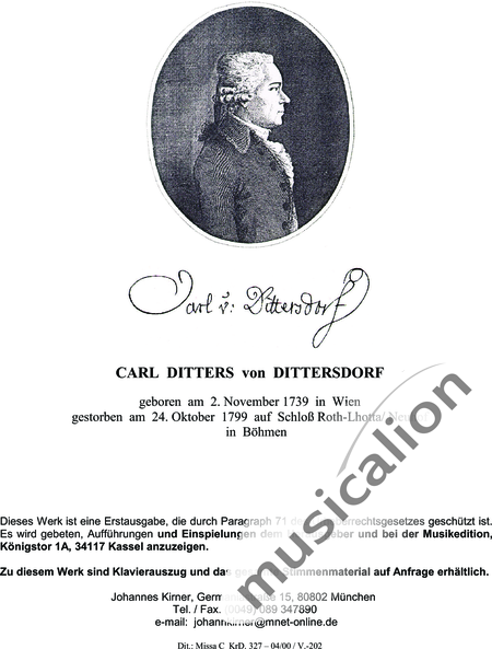 Dittersdorf, Karl Ditters von: "Solemn Mass" in C - Solo>sop/alt/ten/bass+Choir>SATB+Oboe 2+Bassoon+Hn2+[Org+Cnt]+[Vln2+Vla2+Vlc+Db]:2
