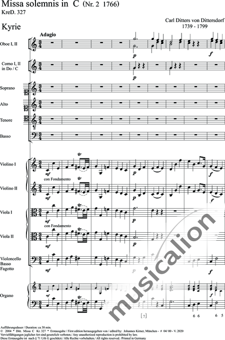 Dittersdorf, Karl Ditters von: "Solemn Mass" in C - Solo>sop/alt/ten/bass+Choir>SATB+Oboe 2+Bassoon+Hn2+[Org+Cnt]+[Vln2+Vla2+Vlc+Db]:9