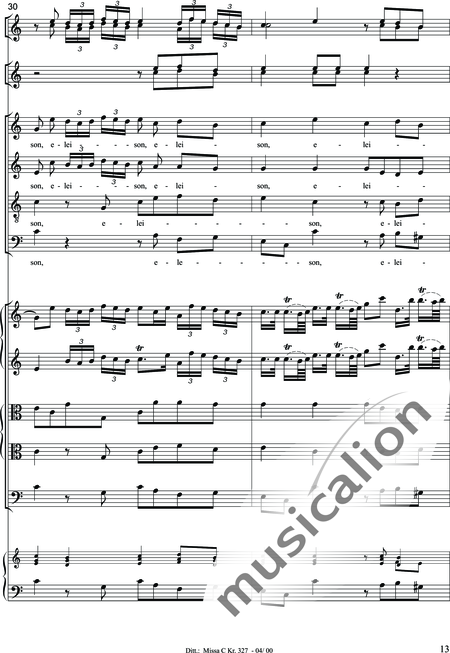 Dittersdorf, Karl Ditters von: "Solemn Mass" in C - Solo>sop/alt/ten/bass+Choir>SATB+Oboe 2+Bassoon+Hn2+[Org+Cnt]+[Vln2+Vla2+Vlc+Db]:13