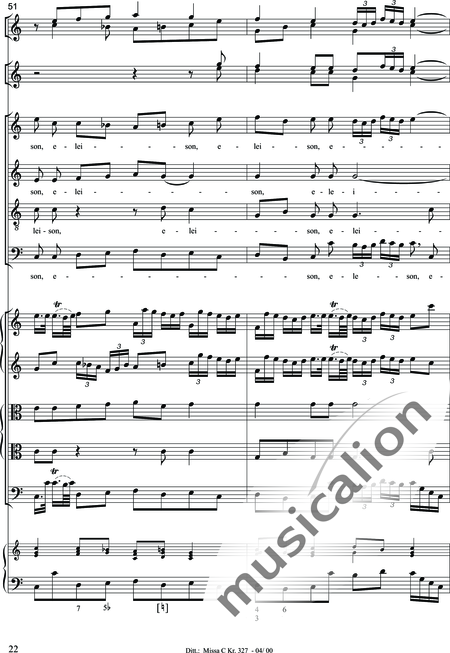 Dittersdorf, Karl Ditters von: "Solemn Mass" in C - Solo>sop/alt/ten/bass+Choir>SATB+Oboe 2+Bassoon+Hn2+[Org+Cnt]+[Vln2+Vla2+Vlc+Db]:22
