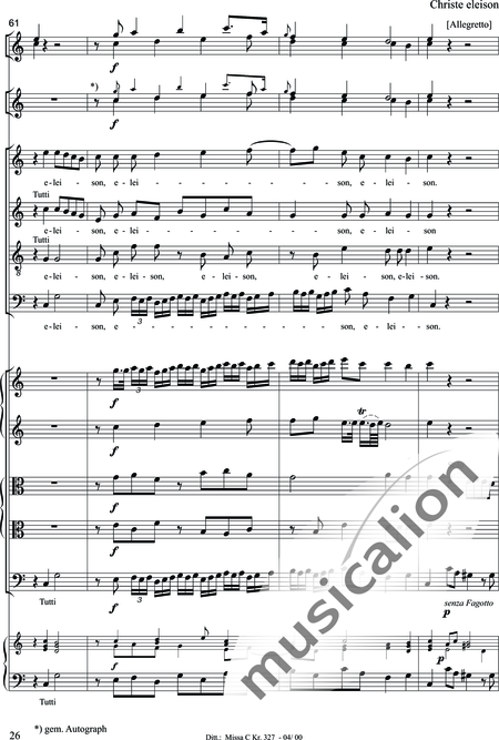 Dittersdorf, Karl Ditters von: "Solemn Mass" in C - Solo>sop/alt/ten/bass+Choir>SATB+Oboe 2+Bassoon+Hn2+[Org+Cnt]+[Vln2+Vla2+Vlc+Db]:26