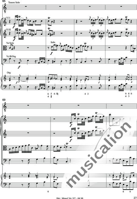 Dittersdorf, Karl Ditters von: "Solemn Mass" in C - Solo>sop/alt/ten/bass+Choir>SATB+Oboe 2+Bassoon+Hn2+[Org+Cnt]+[Vln2+Vla2+Vlc+Db]:27