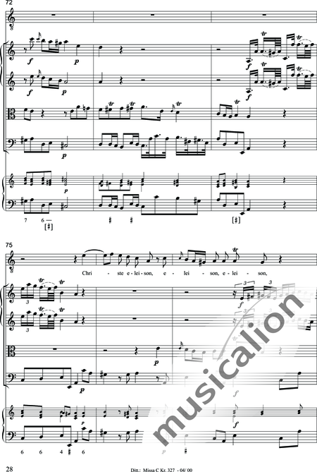 Dittersdorf, Karl Ditters von: "Solemn Mass" in C - Solo>sop/alt/ten/bass+Choir>SATB+Oboe 2+Bassoon+Hn2+[Org+Cnt]+[Vln2+Vla2+Vlc+Db]:28