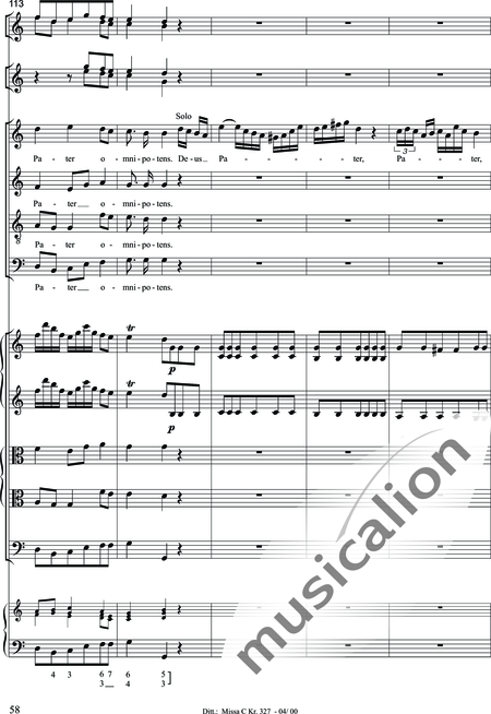 Dittersdorf, Karl Ditters von: "Solemn Mass" in C - Solo>sop/alt/ten/bass+Choir>SATB+Oboe 2+Bassoon+Hn2+[Org+Cnt]+[Vln2+Vla2+Vlc+Db]:58