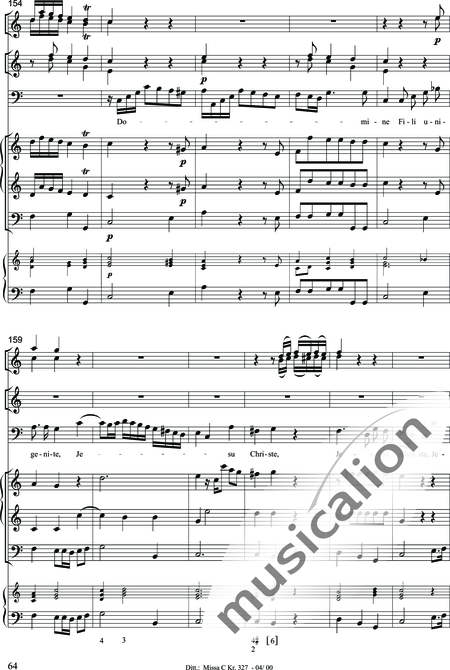 Dittersdorf, Karl Ditters von: "Solemn Mass" in C - Solo>sop/alt/ten/bass+Choir>SATB+Oboe 2+Bassoon+Hn2+[Org+Cnt]+[Vln2+Vla2+Vlc+Db]:64