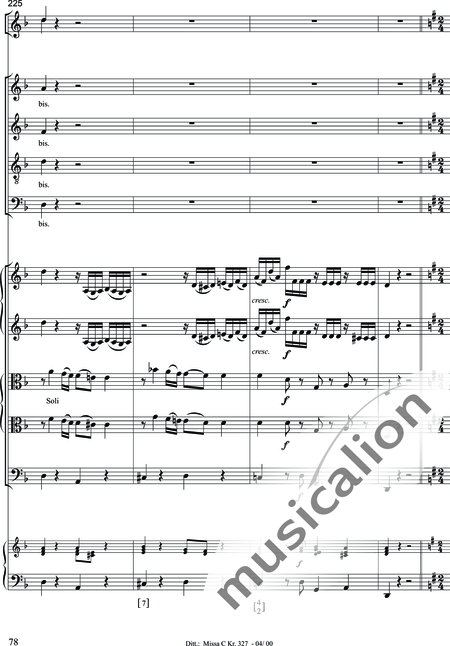 Dittersdorf, Karl Ditters von: "Solemn Mass" in C - Solo>sop/alt/ten/bass+Choir>SATB+Oboe 2+Bassoon+Hn2+[Org+Cnt]+[Vln2+Vla2+Vlc+Db]:78