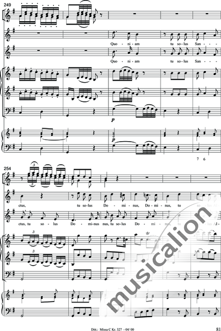 Dittersdorf, Karl Ditters von: "Solemn Mass" in C - Solo>sop/alt/ten/bass+Choir>SATB+Oboe 2+Bassoon+Hn2+[Org+Cnt]+[Vln2+Vla2+Vlc+Db]:81