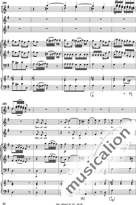 Dittersdorf, Karl Ditters von: "Solemn Mass" in C - Solo>sop/alt/ten/bass+Choir>SATB+Oboe 2+Bassoon+Hn2+[Org+Cnt]+[Vln2+Vla2+Vlc+Db]:84
