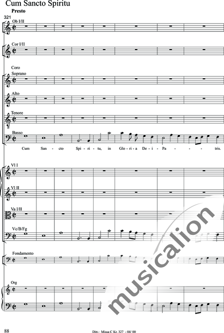 Dittersdorf, Karl Ditters von: "Solemn Mass" in C - Solo>sop/alt/ten/bass+Choir>SATB+Oboe 2+Bassoon+Hn2+[Org+Cnt]+[Vln2+Vla2+Vlc+Db]:88