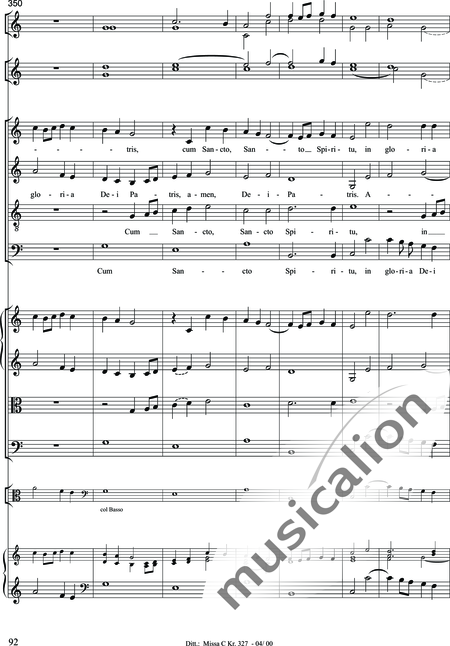 Dittersdorf, Karl Ditters von: "Solemn Mass" in C - Solo>sop/alt/ten/bass+Choir>SATB+Oboe 2+Bassoon+Hn2+[Org+Cnt]+[Vln2+Vla2+Vlc+Db]:92