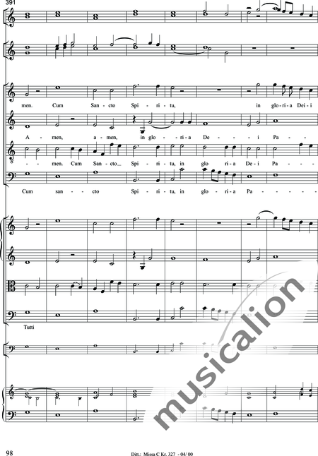 Dittersdorf, Karl Ditters von: "Solemn Mass" in C - Solo>sop/alt/ten/bass+Choir>SATB+Oboe 2+Bassoon+Hn2+[Org+Cnt]+[Vln2+Vla2+Vlc+Db]:98