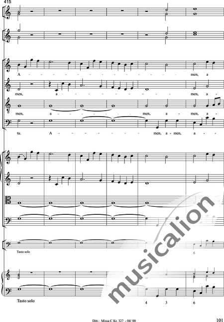 Dittersdorf, Karl Ditters von: "Solemn Mass" in C - Solo>sop/alt/ten/bass+Choir>SATB+Oboe 2+Bassoon+Hn2+[Org+Cnt]+[Vln2+Vla2+Vlc+Db]:101