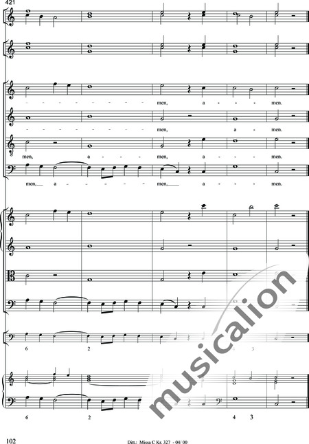 Dittersdorf, Karl Ditters von: "Solemn Mass" in C - Solo>sop/alt/ten/bass+Choir>SATB+Oboe 2+Bassoon+Hn2+[Org+Cnt]+[Vln2+Vla2+Vlc+Db]:102