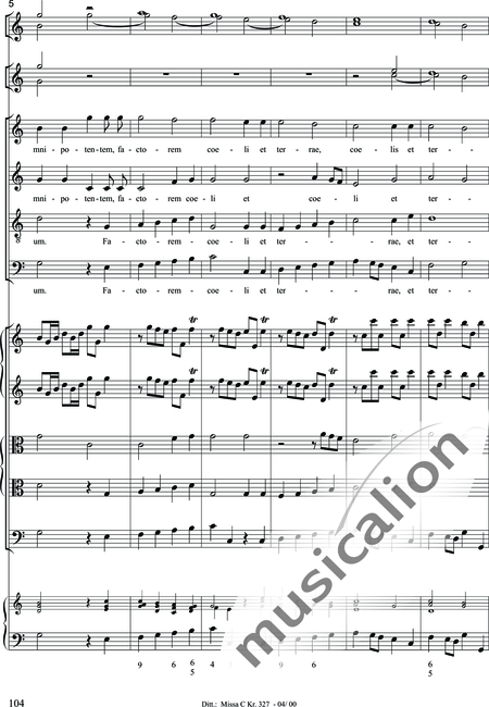 Dittersdorf, Karl Ditters von: "Solemn Mass" in C - Solo>sop/alt/ten/bass+Choir>SATB+Oboe 2+Bassoon+Hn2+[Org+Cnt]+[Vln2+Vla2+Vlc+Db]:104