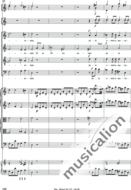 Dittersdorf, Karl Ditters von: "Solemn Mass" in C - Solo>sop/alt/ten/bass+Choir>SATB+Oboe 2+Bassoon+Hn2+[Org+Cnt]+[Vln2+Vla2+Vlc+Db]:108