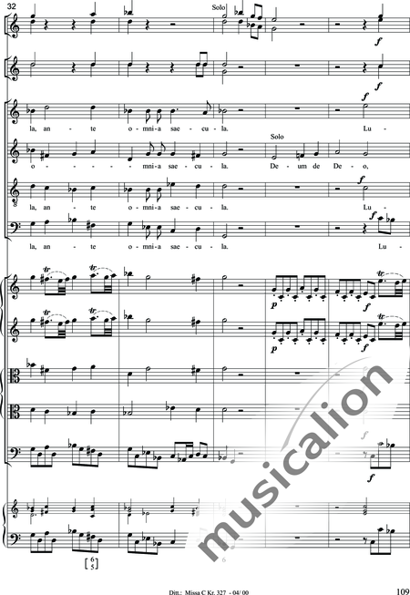 Dittersdorf, Karl Ditters von: "Solemn Mass" in C - Solo>sop/alt/ten/bass+Choir>SATB+Oboe 2+Bassoon+Hn2+[Org+Cnt]+[Vln2+Vla2+Vlc+Db]:109