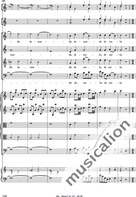 Dittersdorf, Karl Ditters von: "Solemn Mass" in C - Solo>sop/alt/ten/bass+Choir>SATB+Oboe 2+Bassoon+Hn2+[Org+Cnt]+[Vln2+Vla2+Vlc+Db]:116