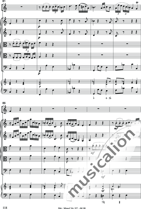 Dittersdorf, Karl Ditters von: "Solemn Mass" in C - Solo>sop/alt/ten/bass+Choir>SATB+Oboe 2+Bassoon+Hn2+[Org+Cnt]+[Vln2+Vla2+Vlc+Db]:118