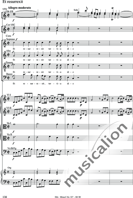 Dittersdorf, Karl Ditters von: "Solemn Mass" in C - Solo>sop/alt/ten/bass+Choir>SATB+Oboe 2+Bassoon+Hn2+[Org+Cnt]+[Vln2+Vla2+Vlc+Db]:130