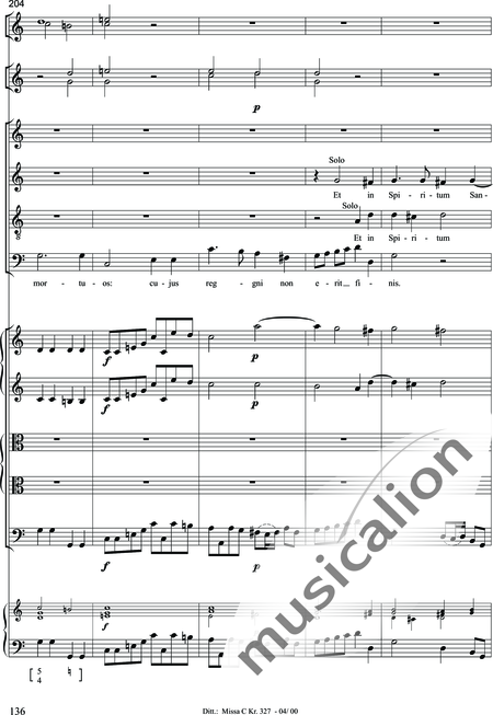 Dittersdorf, Karl Ditters von: "Solemn Mass" in C - Solo>sop/alt/ten/bass+Choir>SATB+Oboe 2+Bassoon+Hn2+[Org+Cnt]+[Vln2+Vla2+Vlc+Db]:136