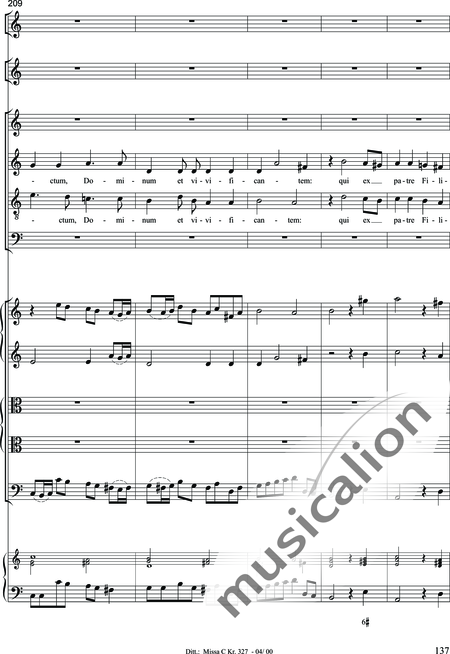 Dittersdorf, Karl Ditters von: "Solemn Mass" in C - Solo>sop/alt/ten/bass+Choir>SATB+Oboe 2+Bassoon+Hn2+[Org+Cnt]+[Vln2+Vla2+Vlc+Db]:137