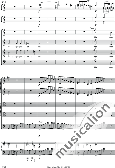 Dittersdorf, Karl Ditters von: "Solemn Mass" in C - Solo>sop/alt/ten/bass+Choir>SATB+Oboe 2+Bassoon+Hn2+[Org+Cnt]+[Vln2+Vla2+Vlc+Db]:138