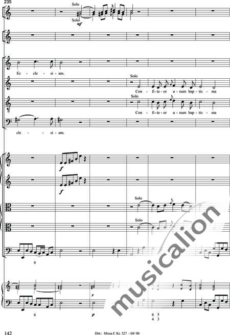 Dittersdorf, Karl Ditters von: "Solemn Mass" in C - Solo>sop/alt/ten/bass+Choir>SATB+Oboe 2+Bassoon+Hn2+[Org+Cnt]+[Vln2+Vla2+Vlc+Db]:142