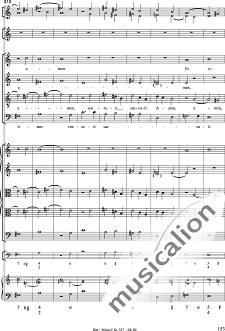 Dittersdorf, Karl Ditters von: "Solemn Mass" in C - Solo>sop/alt/ten/bass+Choir>SATB+Oboe 2+Bassoon+Hn2+[Org+Cnt]+[Vln2+Vla2+Vlc+Db]:153