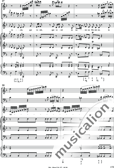 Dittersdorf, Karl Ditters von: "Solemn Mass" in C - Solo>sop/alt/ten/bass+Choir>SATB+Oboe 2+Bassoon+Hn2+[Org+Cnt]+[Vln2+Vla2+Vlc+Db]:173