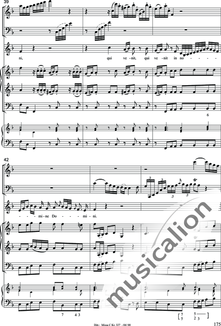 Dittersdorf, Karl Ditters von: "Solemn Mass" in C - Solo>sop/alt/ten/bass+Choir>SATB+Oboe 2+Bassoon+Hn2+[Org+Cnt]+[Vln2+Vla2+Vlc+Db]:175