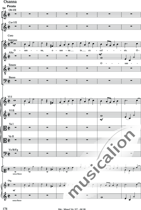 Dittersdorf, Karl Ditters von: "Solemn Mass" in C - Solo>sop/alt/ten/bass+Choir>SATB+Oboe 2+Bassoon+Hn2+[Org+Cnt]+[Vln2+Vla2+Vlc+Db]:178