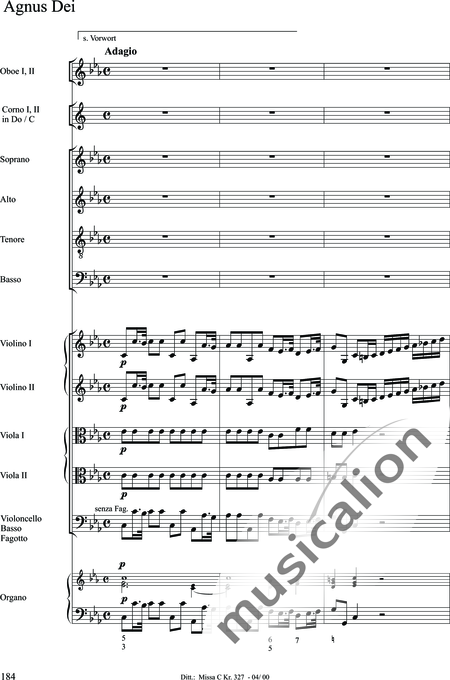 Dittersdorf, Karl Ditters von: "Solemn Mass" in C - Solo>sop/alt/ten/bass+Choir>SATB+Oboe 2+Bassoon+Hn2+[Org+Cnt]+[Vln2+Vla2+Vlc+Db]:184